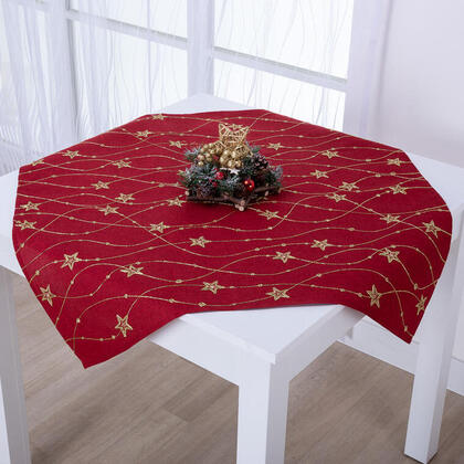 Świąteczna czerwona nakładka na stół  ze złotym haftem GWIAZDY 85 x 85 cm