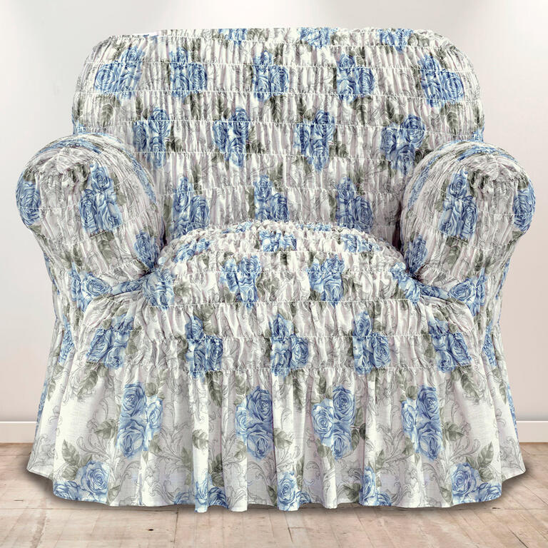 Napinające pokrowce z falbaną POESIA niebieskie, fotel (sz. 60 - 110 cm) 1