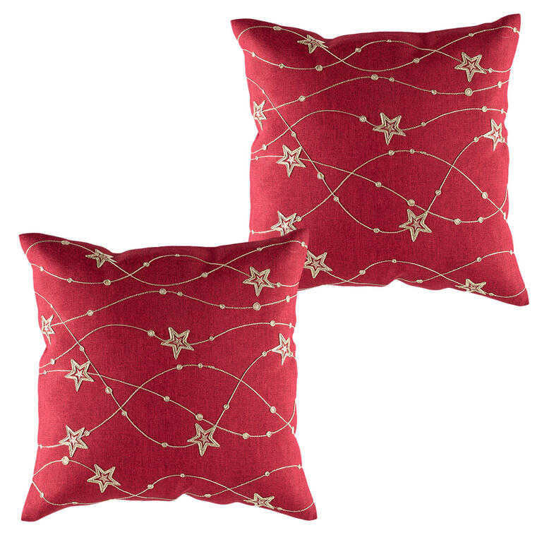 Zestaw 2 szt. czerwonych poszewek na poduszki z haftem Złote gwiazdy 40 x 40 cm 1